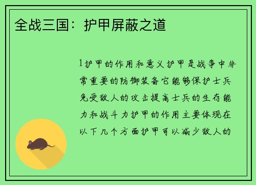 全战三国：护甲屏蔽之道